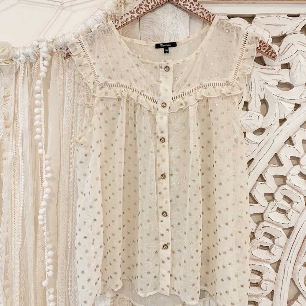 Zara Cream Button-Down Blouse with Ruffle Accents